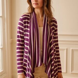 J Jill‎ Sweater Women Sz M Purple White Cardigan 100% Linen Stripe Coastal EUC